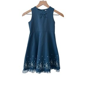 Janie and Jack Girls Blue‎ Embroidered Bow Dress Tulle Hem Size 6 Spring